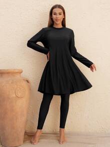 Swim Mulvari Springbreak 3-Piece Women Beach Outfits: Black Crew Neck Sleeveless Top And Pants Burkini Set, And Long Sleeve Modest Solid Color Crew Neck Swimsuit, Bohemian Festival Summer Beachwear - Black - View 1