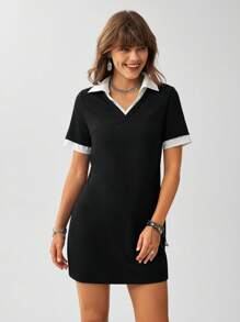 SHEIN LUNE Rochie cămașă 2 în 1, ocazională/de lucru, scurtă - Alb-negru - Vizualizare 2