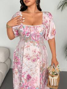 Flirla Plus Size Elegant Floral Print Lantern Sleeve Dress - Multicolor - View 4