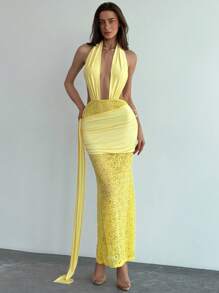 Aloruh Gelbes romantisches, sexy figurbetontes langes Kleid mit V-Ausschnitt und Spitze für Hochzeit, Date Night - Gelb - Übersicht 3