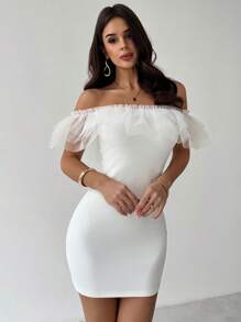 Firerie Valentine's Day New Elegant Romantic Layered Mesh Off Shoulder Bodycon Mini Dress, White Spring/Summer Fairycore - White - View 2