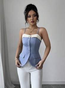 Elenzga Damen ärmelloses blaues & weißes Patchwork Top mit Knopfdesign an der Taille