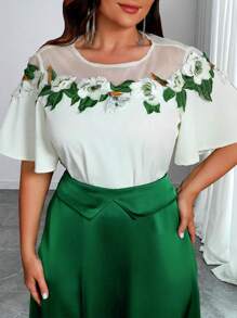 SHEIN Belle 大码 2 件套：短袖上衣和 A 字裙，简约休闲日常穿着 - 綠色 - 查看 4