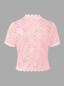 EMERY ROSE Ladies' Summer Solid Color Lace Patchwork Casual Open Front Jacket For Holiday Party Clothes - Pink - View 2