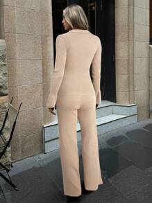 Aloruh Casual Solid Color Front Button Knit Top And Pants Two Pieces Set - Khaki - View 2