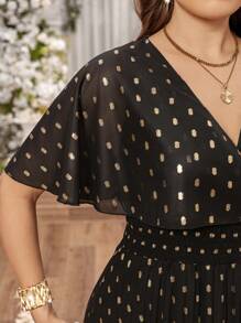 SHEIN Clasi Women's Elegant V-Neck Gold Foil Chiffon Short Sleeve Dress, Spring/Summer