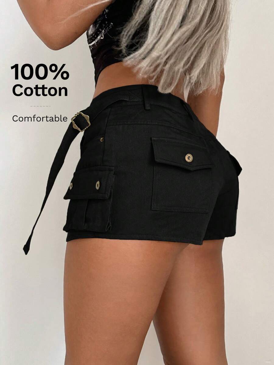 SHEIN ICON 翻蓋口袋帶扣細節工裝短褲 - 黑色 - 查看 1