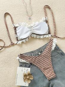 Swim Mod 格子荷叶边细肩带可爱泳衣套装女士夏季沙滩装