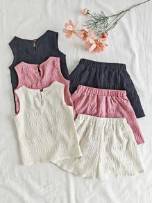 Vintaside Kids Bộ 3 món/Bộ áo không tay thường ngày cho bé gái và quần short, trang phục đi nghỉ - Nhiều màu - Xem 2