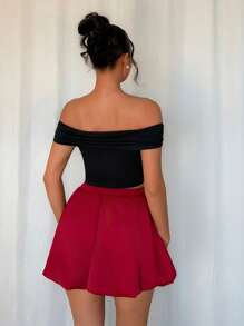 Chiquease Minifalda casual de unicolor brillante con dobladillo con volantes - Burdeos - Ver 2