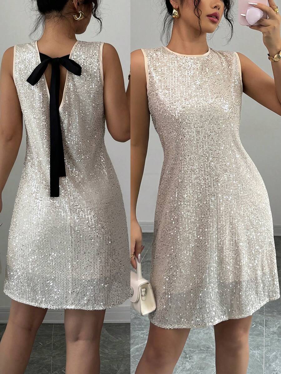 Chiquease 优雅香槟色亮片露背无袖短款上衣 A 字裙 - 香檳色 - 查看 1