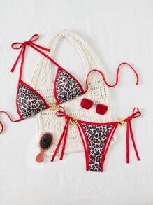 SHEIN 2 Pieces Set Women's Summer Holiday Beach Random Animal Print Leopard Metallic Drawstring Halter Backless Top And Side Tie-Up Shorts Bikini Set