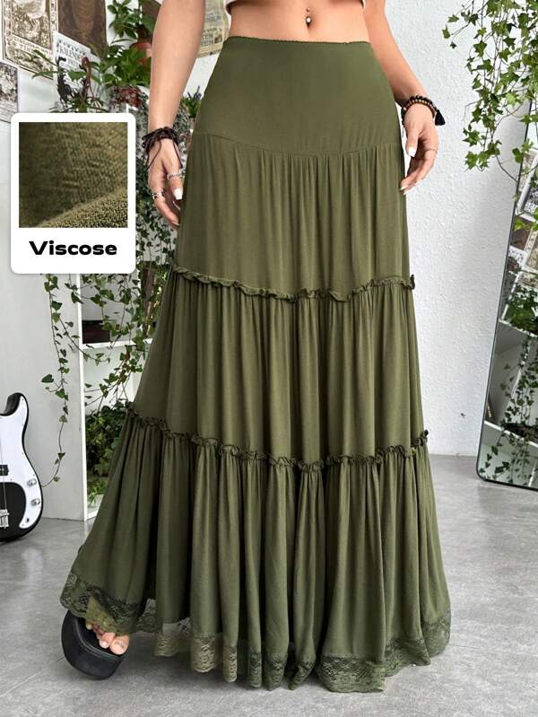 Renaissance Grunge Solid Frill Trim Ruffle Hem Skirt, School