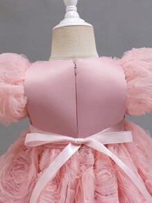 SHEIN Glamorique Kids 花童礼服适合生日派对、婚礼、节庆、女婴粉色 3D 花卉网眼芭蕾舞裙，配蝴蝶结领结，适合正式场合、舞台、钢琴表演、派对、拍照、日常穿着 - 粉色 - 查看 3