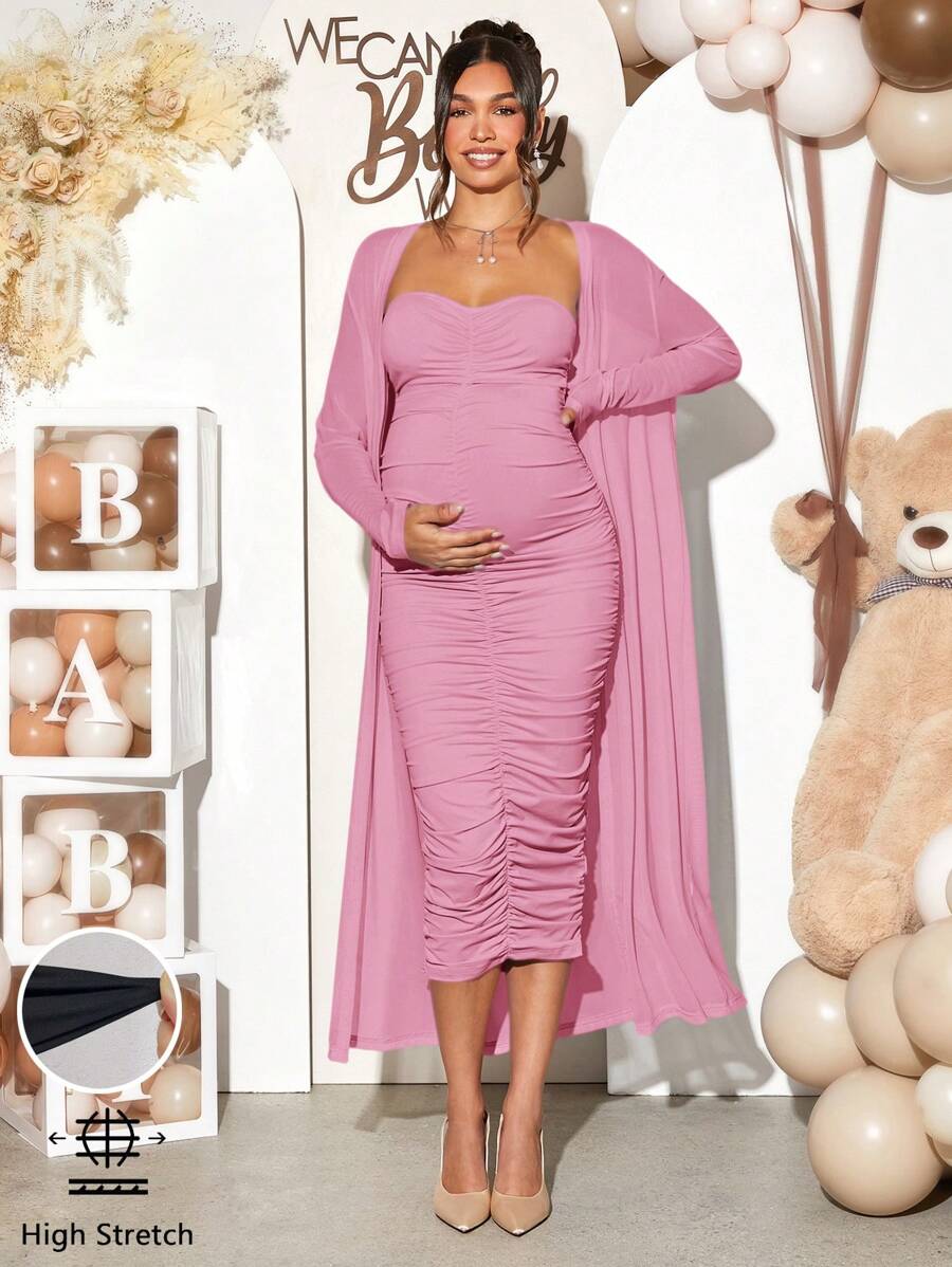 Loomaby 2pcs Maternity Elegant Party Solid Color Jacket And Ruched Bodycon Strapless Dress Set - Pink - View 1