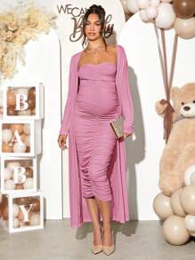 Loomaby 2pcs Maternity Elegant Party Solid Color Jacket And Ruched Bodycon Strapless Dress Set - Pink - View 3