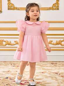 SHEIN 女婴甜美领口 A 字裙，飘逸袖子，优雅简约的设计 - 粉色 - 查看 3