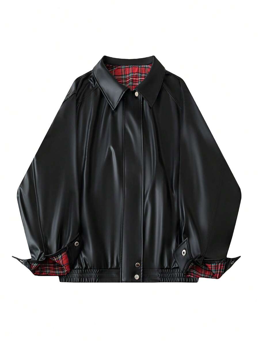 SHEIN MOOSTA Chaqueta de motocicleta para mujer de talla grande, negro con tela de cuadros rojos - Negro - Ver 1