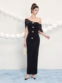 Poshira Women Black Knit Mixed Material Butterfly Gold Buttons Patchwork Metal Buckle Cocktail Dress, Wedding Guest Dress Music Festival Spring/Summer, Party Dress, Prom Dress - Black - View 5