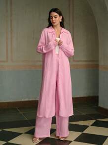 ZEYLAH Women's Pink Long Single-Breasted Slit Hem Casual Shirt Dress