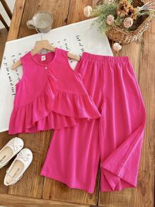 年轻女孩 2 件套：编织纯色圆领荷叶边下摆上衣和编织宽松阔腿裤