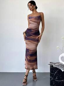 Firerie 女式渐变色无袖露背系带网眼透明中长紧身吊带裙，适合日常、度假、性感风格 - 彩色 - 查看 3
