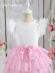 SHEIN Elladie kids Young Girl Easter Ruffle Hem Short Sleeve T-Shirt, Suitable For Casual Outings And Vacation, Summer - White - View 3