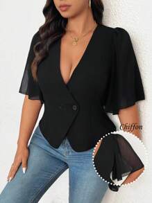 SHEIN Unity Fashionable Spring/Summer French V-Neck Chiffon Patchwork Blazer Graduation,Back To School,Teacher Outfits For Women - Black - View 7
