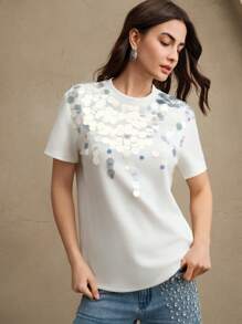 Anewsta Women's Crew Neck Short Sleeve Regular Length Elegant Sequin T-Shirt, Spring Summer For Women, Festival - White - View 5