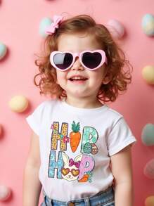 Baby Girl Easter Casual Fashion Creative Cartoon Holiday Sparkly Rabbit Shape Color Decorative Letter Slogan Graphic Print Tee, Sibling Matching - White - View 3