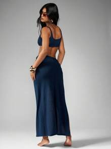 MISSGUIDED Bralette 和褶饰结侧开衩长裙两件套套装Vacay 夏季度假村伊比沙岛米科诺斯岛欧洲度假 - 藏蓝色 - 查看 2