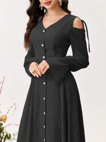 Modelyn Women's Solid Color Single-Breasted Open Shoulder Long Sleeve Elegant Dress - Black - View 4