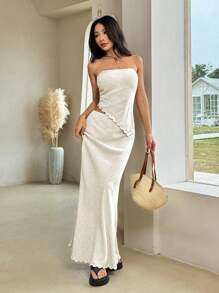 SHEIN EZwear Apricot Linen Bandeau Top And Long Skirt Set