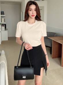 DAZY Camiseta de manga abullonada de cuello redondo de un solo color, Top corto para mujeres