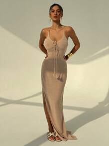 Aloruh Women's Sexy Criss-Cross Straps Backless Tassels Hollow-Out Fitted Maxi Sweater Dress Summer Crochet Dress - Khaki - View 5