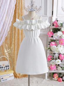 Tween Girls' Solid Color Ruffle Ruffle Hem Maxi Dress, Ivory White Tone, Showcasing Elegant Bohemian Style, Suitable For Various Occasions - White - View 1