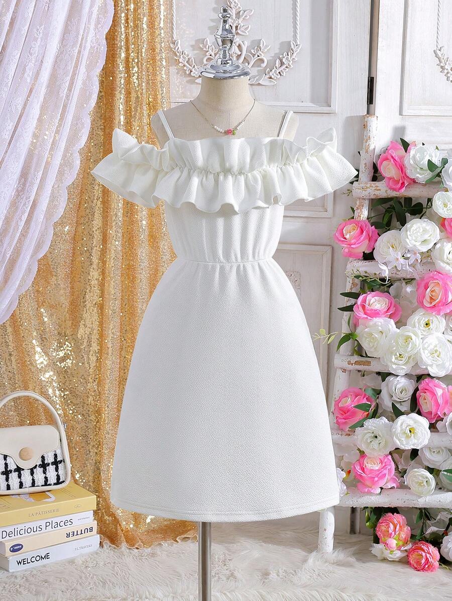 Tween Girls' Solid Color Ruffle Ruffle Hem Maxi Dress, Ivory White Tone, Showcasing Elegant Bohemian Style, Suitable For Various Occasions - White - View 1