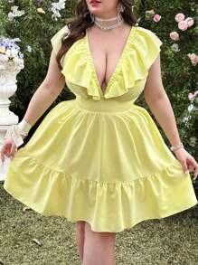 Lyrianda Sexy & Fashionable Oversized Summer V-Neck Sleeveless Hollow Out Design Ruffled Mini Dress For Women - Yellow - View 1