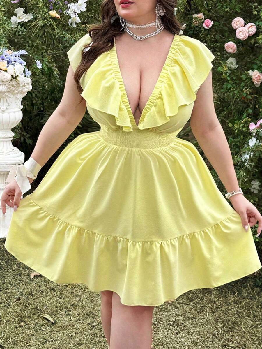 Lyrianda Sexy & Fashionable Oversized Summer V-Neck Sleeveless Hollow Out Design Ruffled Mini Dress For Women - Yellow - View 1