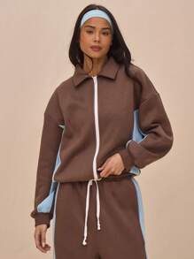 MUSERA Chaqueta de chándal con cremallera, cuello y paneles de contraste en talla grande, solo para primavera