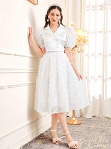 SHEIN 少女优雅翻领泡泡袖衬衫和裙子两件套 - 白色 - 查看 7