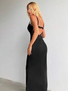 Aloruh Women's Spring And Summer Party Holiday Sexy And Romantic Solid Color Deep V-Neck Lace Stitching Hollow Extra-Long Tight Black Maxi Dress - Black - View 7