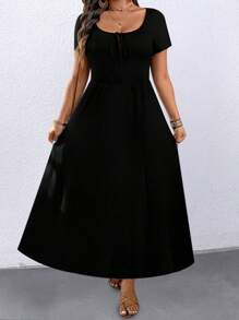 EMERY ROSE Plus Size Women Square Neck Tie Waist A-Line Casual Dress - Black - View 3
