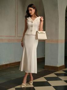 ZEYLAH 女士优雅缎面拼布美人鱼裙 - 杏色 - 查看 1