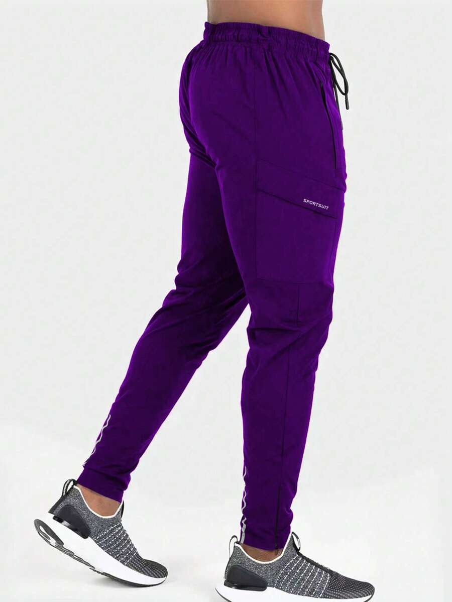 Manfinity Fitness Boyfriend Style Men's Letter Printed Drawstring Waist Workwear Pocket Sports Pants Autumn - Purple - View 1