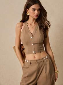 Poéselle 女式领结前扣短款露背上衣 - 咖啡棕 - 查看 6