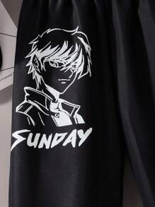 SHEIN 大童休闲动漫人物与字母印花运动裤，春夏 - 黑色 - 查看 4