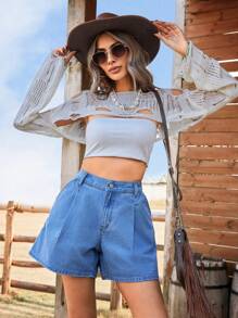 Breezaya Women's Loose Pleated Pocket Wide Leg Casual Denim Shorts Western Wear Women Boho Denim - Blue - View 3