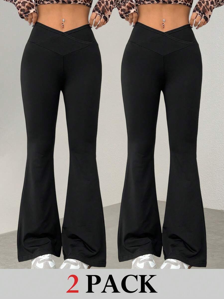 SHEIN PETITE Simple Solid Color Wrap High Elastic Knitted High Waist Flared Pants Pure Black Two-Piece - Black - View 1