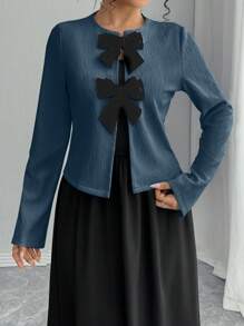 Chiquease 2 件套优雅法式长袖蝴蝶结装饰上衣和高腰褶皱连衣裙套装，女装秋冬装 - 藍色 - 查看 7